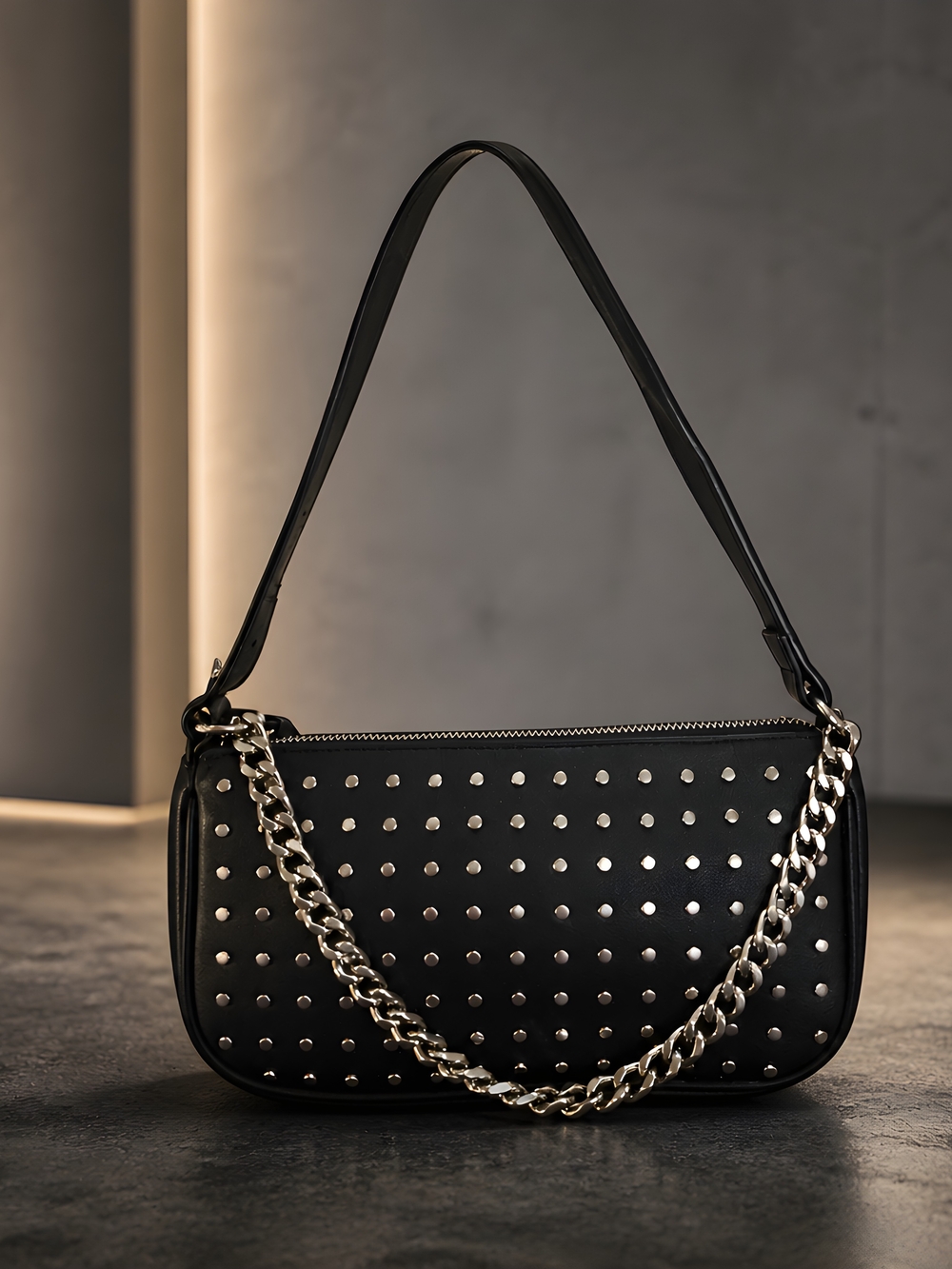 Studded Black Shoulder Bag with Chain Strap